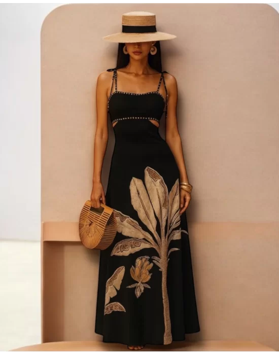 Monalisa Altın Çiçek Desenli Rahat Askısız Dizaynli Şık Omuz Açık Maxi Elbise