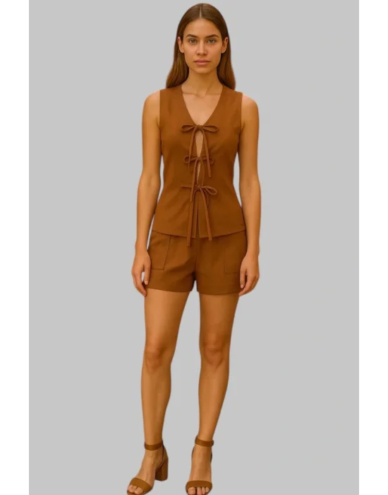 Monalisa İkili Keten Şortlu Takım Çift Cepli Kolsuz Bağlamalı Tasarım W 2026