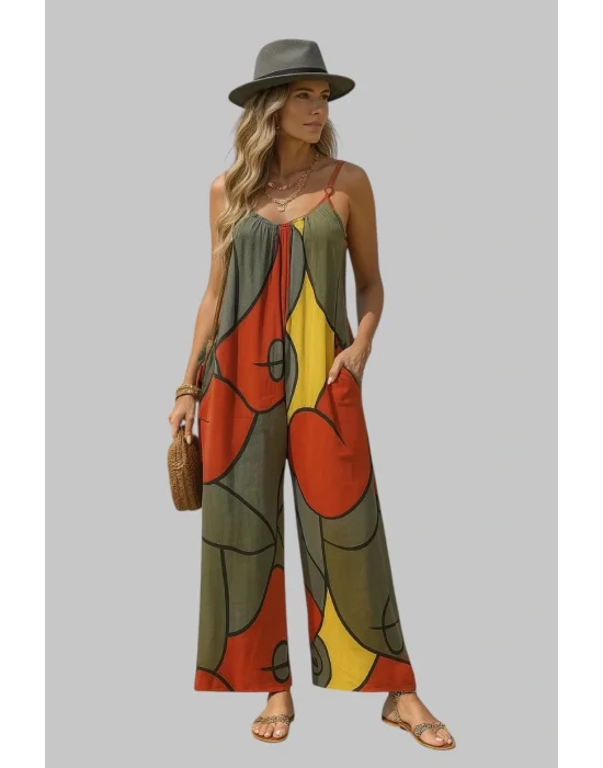 Olgam Çiçek Dsenli Spagetti Askılı Tulum, Bahar ve Yaz İçin Şık Kolsuz Geniş Bacaklı Tulum