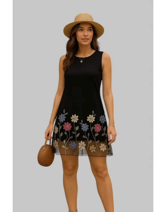 Pamela Şık Kolsuz Çiçek Nakışlı File Örtü Elbise A-Line