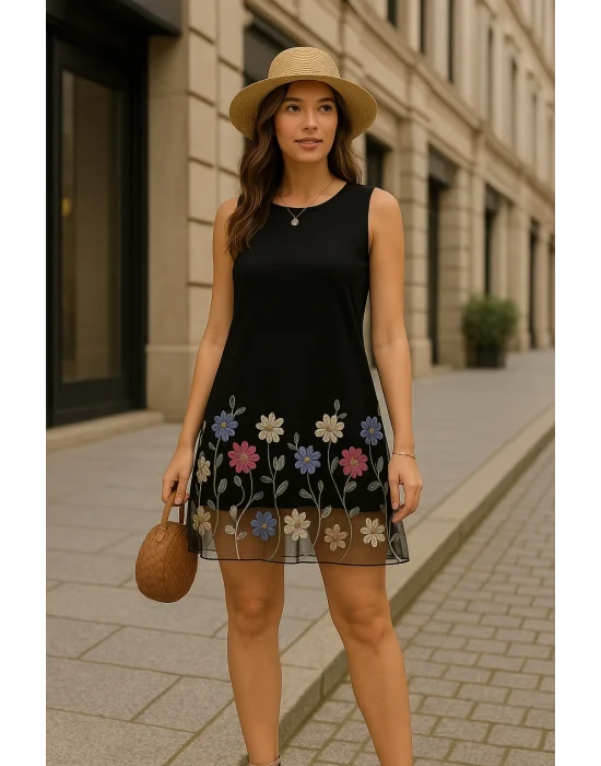 Pamela Şık Kolsuz Çiçek Nakışlı File Örtü Elbise A-Line