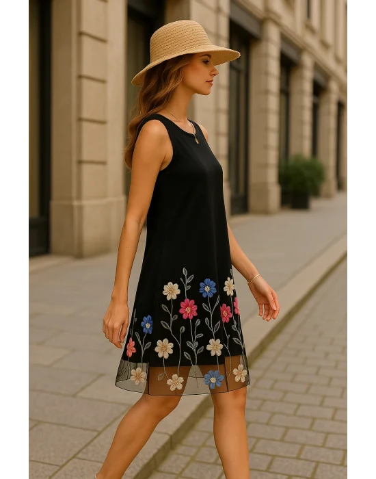 Pamela Şık Kolsuz Çiçek Nakışlı File Örtü Elbise A-Line