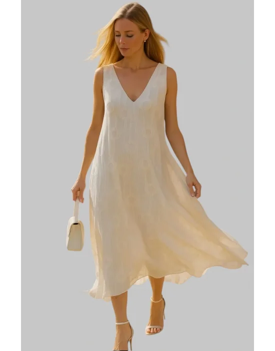 Pamela Yakma Şifon Kolsuz V Yaka Trend Elbise