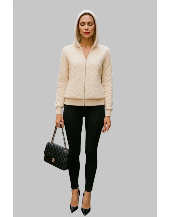 Papi Peluş Detay Kapüşonlu Fermuarlı Örme Tasarım Ceket