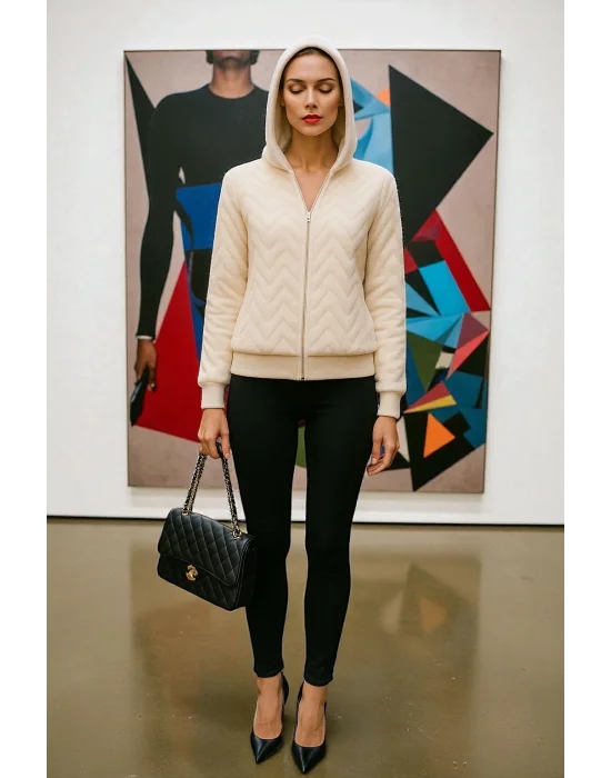 Papi Peluş Detay Kapüşonlu Fermuarlı Örme Tasarım Ceket