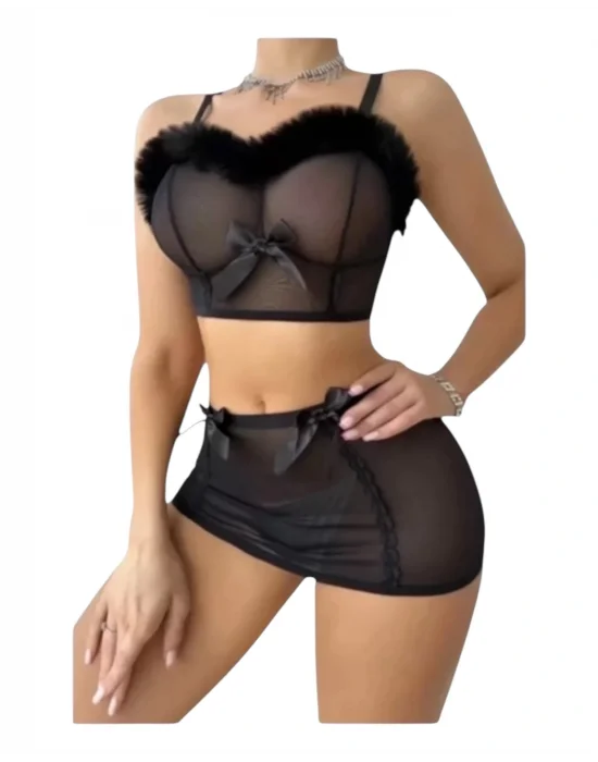 Peluş Detaylı Likralı Transparan Gecelik