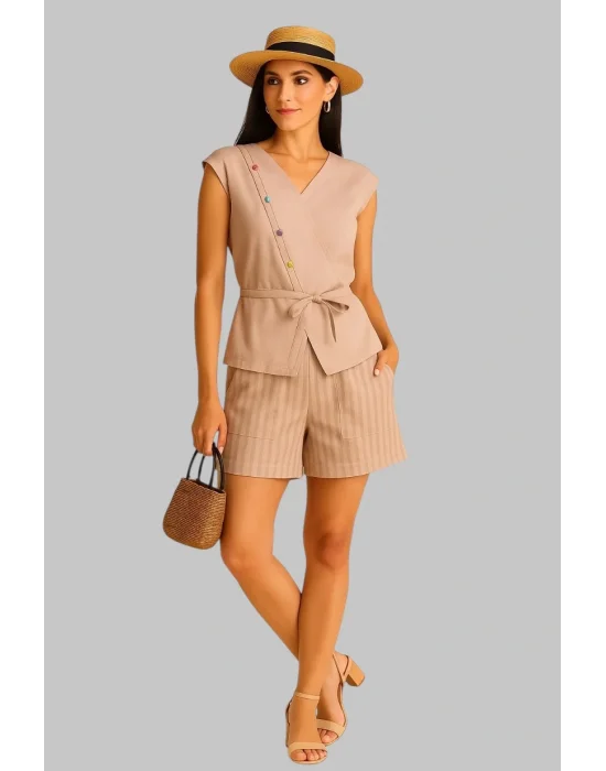 Porsche İthal Keten Boncuk İşlemeli Bağlamalı Şortlu Takım