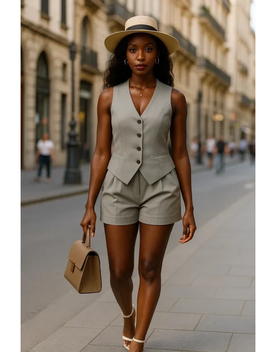 Raffels Yelekli Organik Keten şortlu Takım Tasarım