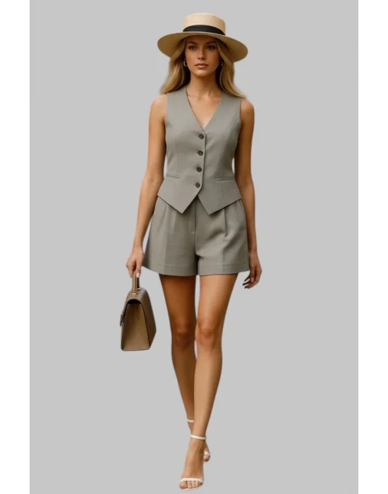 Raffels Yelekli Organik Keten şortlu Takım Tasarım