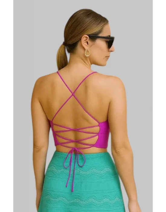 Regata Krep kumaş astarlı Fuşya ip askılı sırt detay krep kısa boy 40 cm