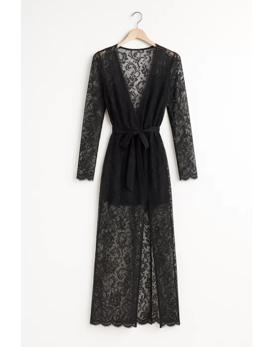 Sandra Siyah Dantel Detay Kimono