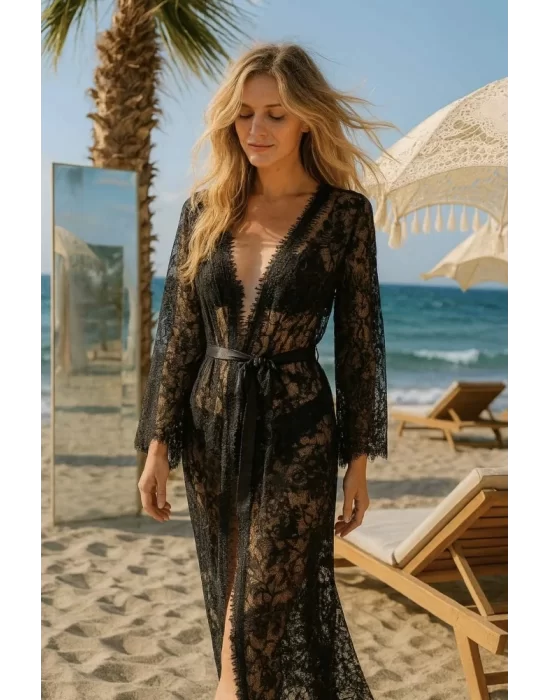 Sandra Siyah Dantel Detay Kimono