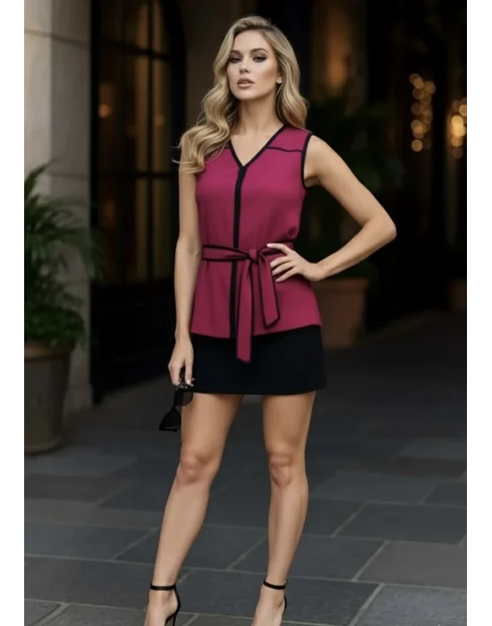 Santa Barla Biye Detay Kemerli İthal Krep Tasarım Bluz