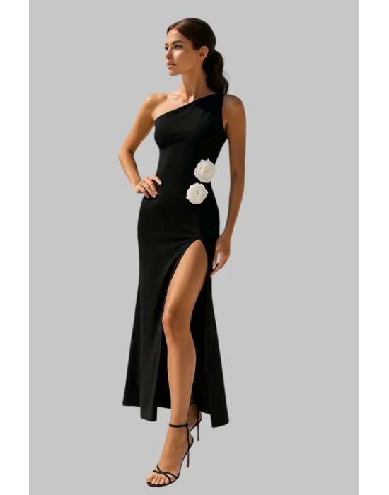 Şanzelize Zarif Omzu Açık 3D Çiçek Vurguları Yüksek-Düşük Etek Ve Yan Yarıklı Partiler Düğünler Tatiller İçin Mükemmel