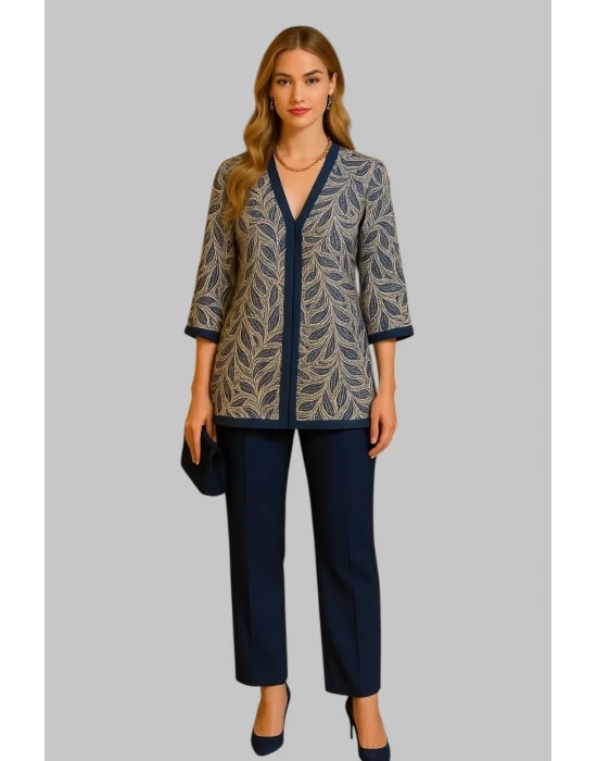 Scarlett Dantel Krep Beli Lastikli Cepli Kimona Pantolon İkili Takım