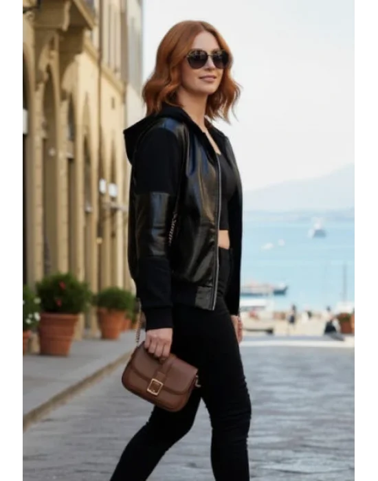 Sendi Deri Bloklu Bomber Tasarım Mont