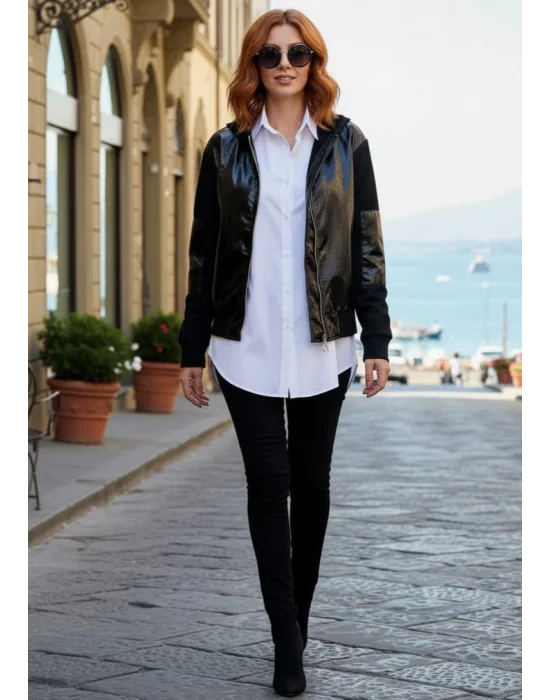 Sendi Deri Bloklu Bomber Tasarım Mont