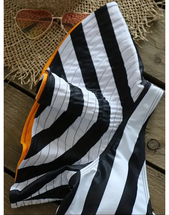 Şerit Baskılı Bağcıklı Yüksek Bel 2 Parça Bikini Takım
