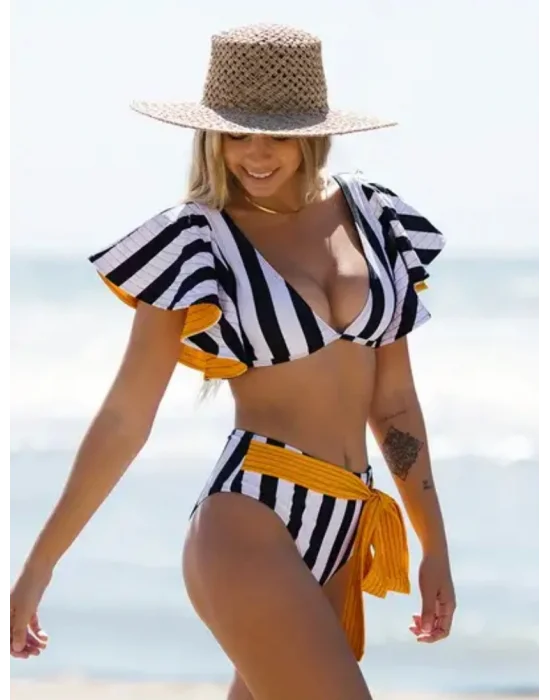 Şerit Baskılı Bağcıklı Yüksek Bel 2 Parça Bikini Takım