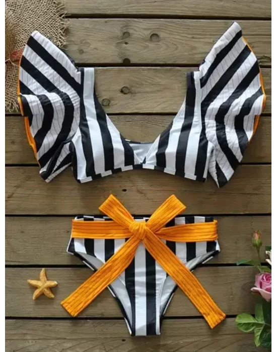 Şerit Baskılı Bağcıklı Yüksek Bel 2 Parça Bikini Takım