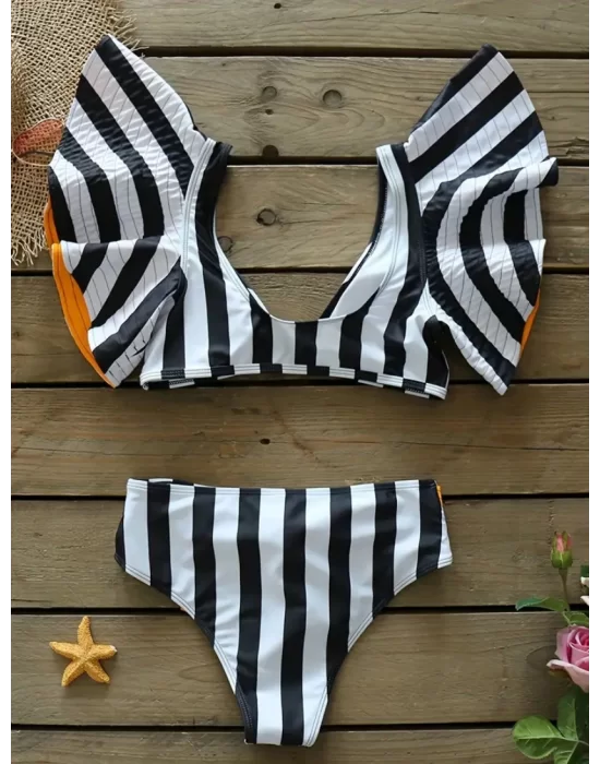 Şerit Baskılı Bağcıklı Yüksek Bel 2 Parça Bikini Takım