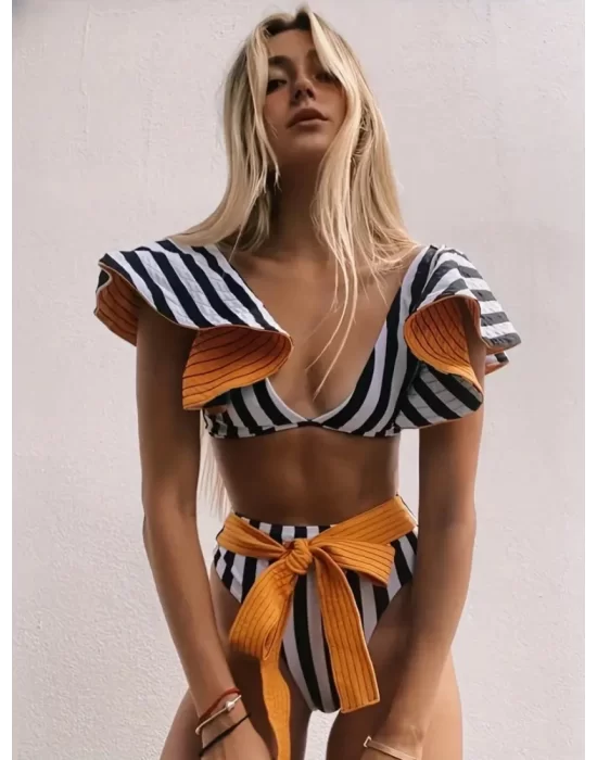 Şerit Baskılı Bağcıklı Yüksek Bel 2 Parça Bikini Takım