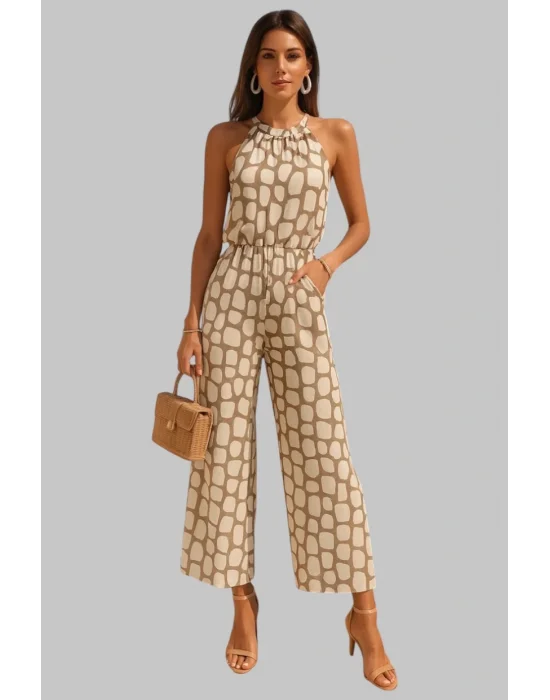 Şık 2 Parçalı Geometrik Desen Ruched Detay Kolsuz Pantolon Takım