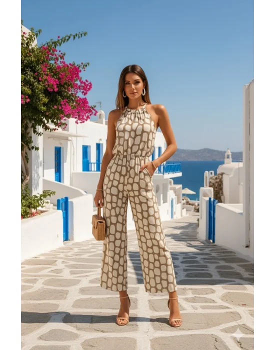 Şık 2 Parçalı Geometrik Desen Ruched Detay Kolsuz Pantolon Takım