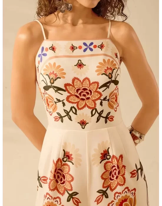 Şık Kadınlar İçin Bohem Tarzı Tropikal Çiçek Desenli Kolsuz Geniş Paça Tulum Sırtı Açık