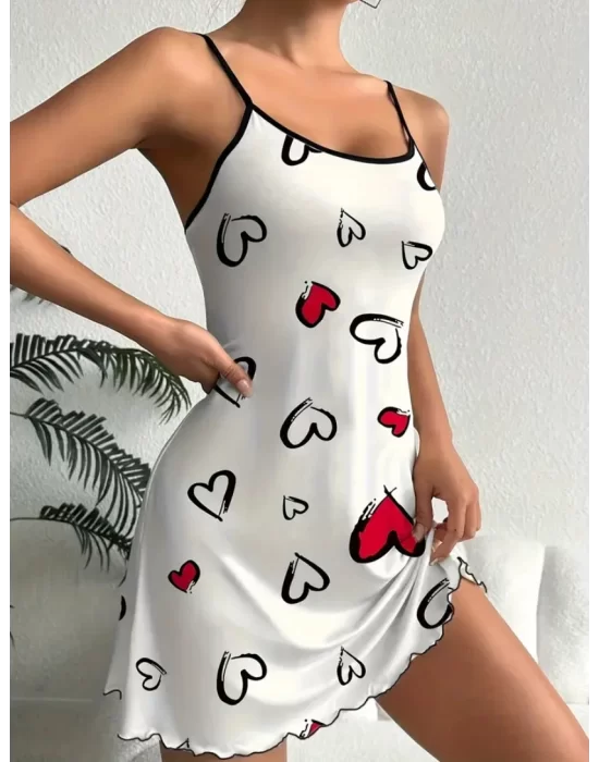Şık Kalp Desenli Rahat Fırfırlı Pijama Elbise Trend