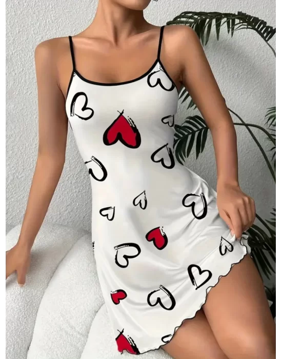 Şık Kalp Desenli Rahat Fırfırlı Pijama Elbise Trend