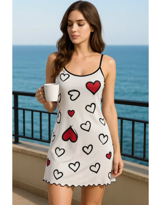 Şık Kalp Desenli Rahat Fırfırlı Pijama Elbise Trend
