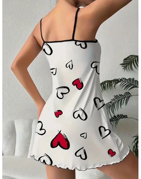 Şık Kalp Desenli Rahat Fırfırlı Pijama Elbise Trend