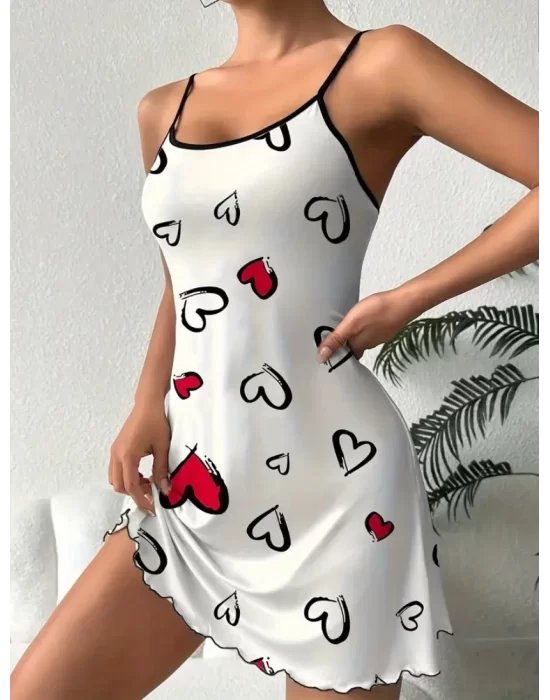 Şık Kalp Desenli Rahat Fırfırlı Pijama Elbise Trend