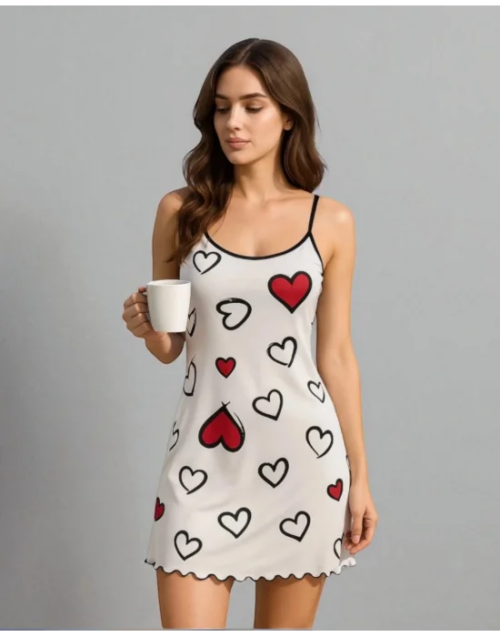 Şık Kalp Desenli Rahat Fırfırlı Pijama Elbise Trend