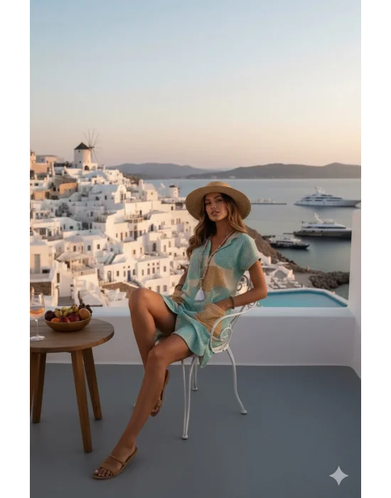 Şık V Yaka Batwing Kollu Geometrik Desenli Beli Sıkı Kesim Trend Elbise