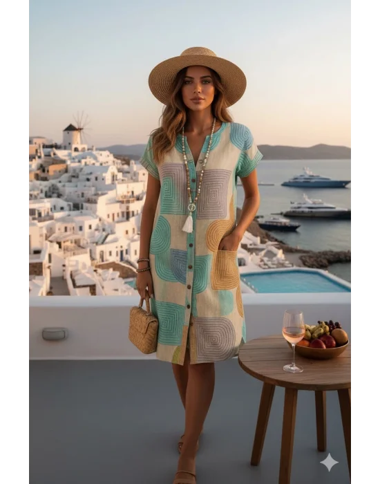 Şık V Yaka Batwing Kollu Geometrik Desenli Beli Sıkı Kesim Trend Elbise