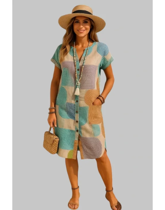Şık V Yaka Batwing Kollu Geometrik Desenli Beli Sıkı Kesim Trend Elbise