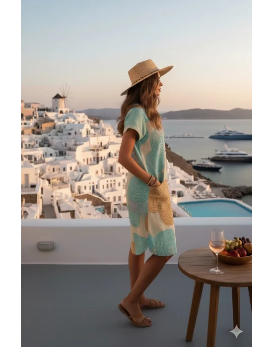 Şık V Yaka Batwing Kollu Geometrik Desenli Beli Sıkı Kesim Trend Elbise