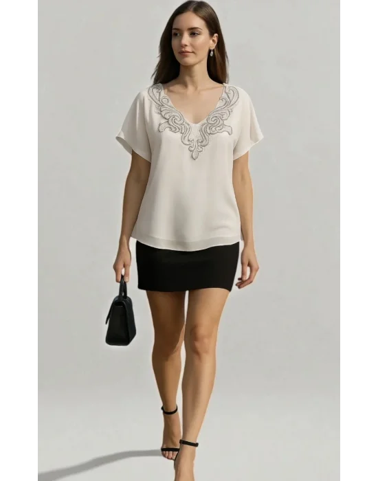 Sindia Krep Şifon Nakış Detay Bluz