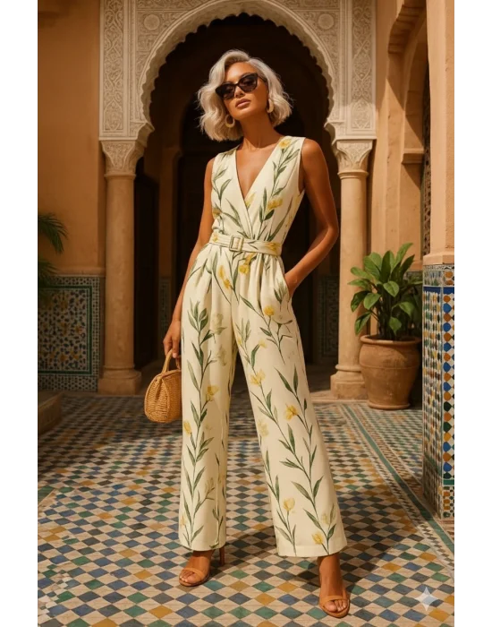 Siyadora Tropikal Şık Yaprak Desenli Tulum Ayarlanabilir Bel Bağcıklı Tasarım