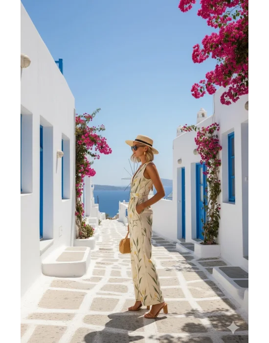 Siyadora Tropikal Şık Yaprak Desenli Tulum Ayarlanabilir Bel Bağcıklı Tasarım