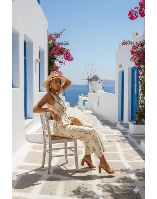 Siyadora Tropikal Şık Yaprak Desenli Tulum Ayarlanabilir Bel Bağcıklı Tasarım