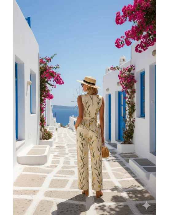 Siyadora Tropikal Şık Yaprak Desenli Tulum Ayarlanabilir Bel Bağcıklı Tasarım