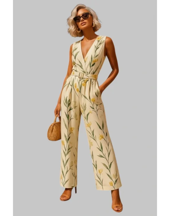 Siyadora Tropikal Şık Yaprak Desenli Tulum Ayarlanabilir Bel Bağcıklı Tasarım