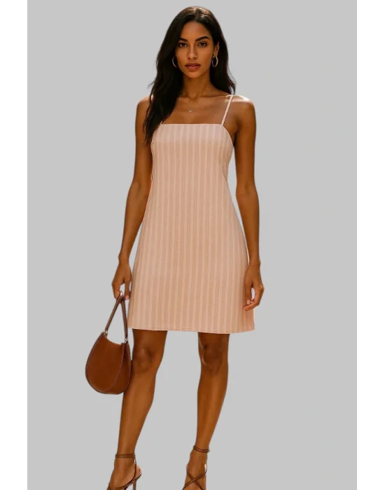 Sonya Çizgili İthal Keten Askılı Elbise