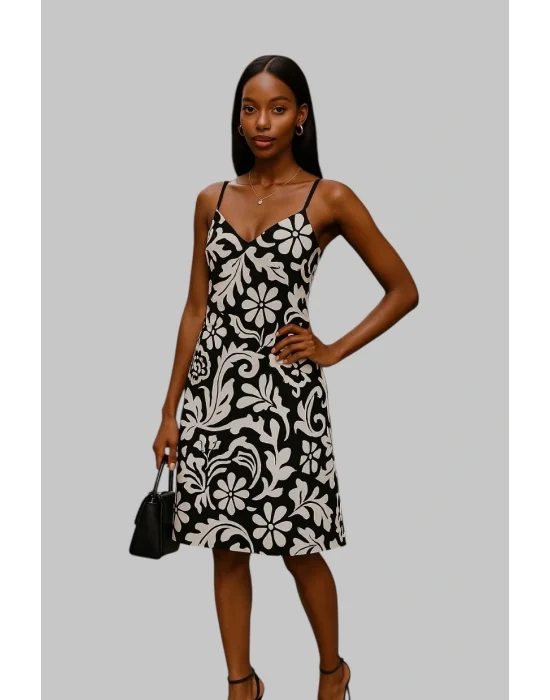 Sunita İthal Keten Desenli Askılı Midi Boy Elbise