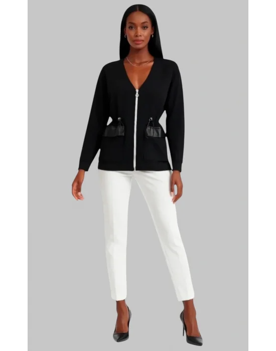 Tanya Deri Cep Detaylı Örme Ceket