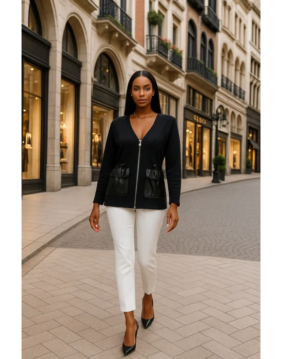 Tanya Deri Cep Detaylı Örme Ceket