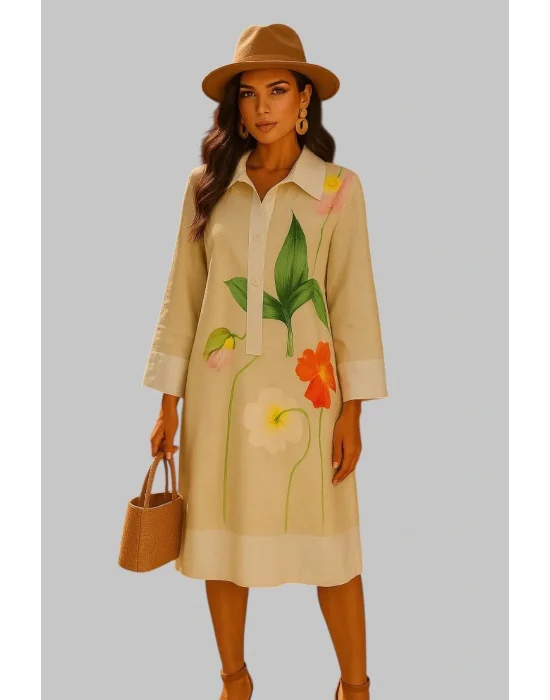 Uzun Kollu Çiçek Desenli Gömlek Elbise Trend France